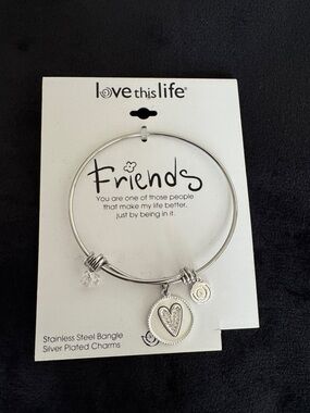 Love This Life Silver Friendship Heart Charm Bangle Bracelet